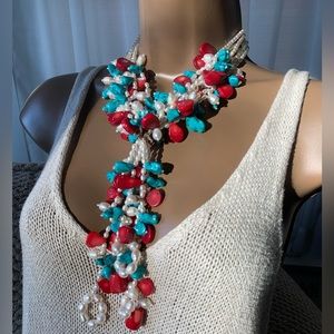 BoHo Tribal Ethnic bib Chunky Necklace Real Turq & Real Pearls Tropical runway